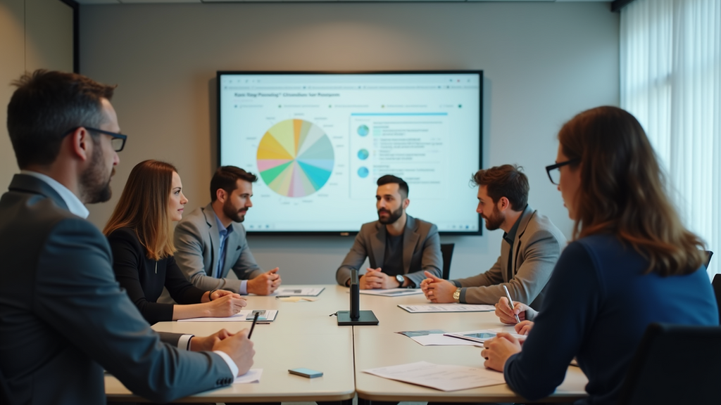 Eye-level view of a team brainstorming in a meeting room