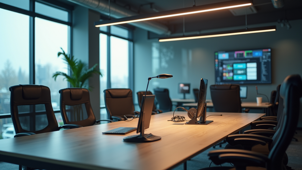 Wide angle view of a modern office space with technology setup